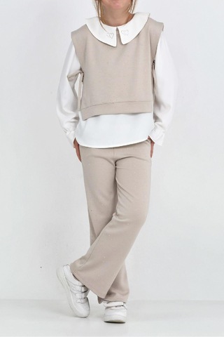 Kız Çocuk 3'lü Takım Pantolon+yelek+bluz 12429 Ekru