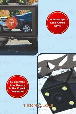 Araç İçi Kamera 4'' Lcd Ekran 3 Kameralı 170 Geniş Açı 1080p G-sensör Gece Görüşlü Uyumlu Yol Kayıt