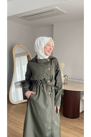 Esra Butik78 Kadın Düğmeli Trençkot Kendi Kumaşından Kemerli Model Haki