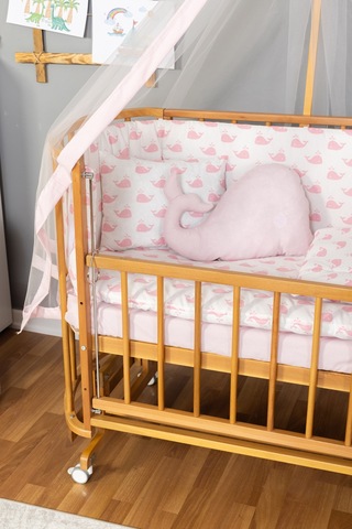 Ahşap Beşik Anne Yanı Beşik Doğal Vernikli 60x120 Pembe Balina Uyku Seti Yatak Tekerlekli Ahşap