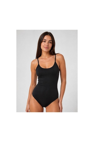Neco Giyim Mody Siyah Kadın İp Askılı Kancalı Çıtçıtlı Slim Fit Penye Pamuk Likralı Kancalı Çıtçıtlı Badi Body Zıbın Atlet Siyah