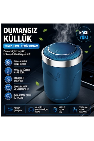 Araç İçi Dumansız Küllük Duman Emici Led Işıklı Kapaklı Koku Önleyici Oto Araba Küllüğü