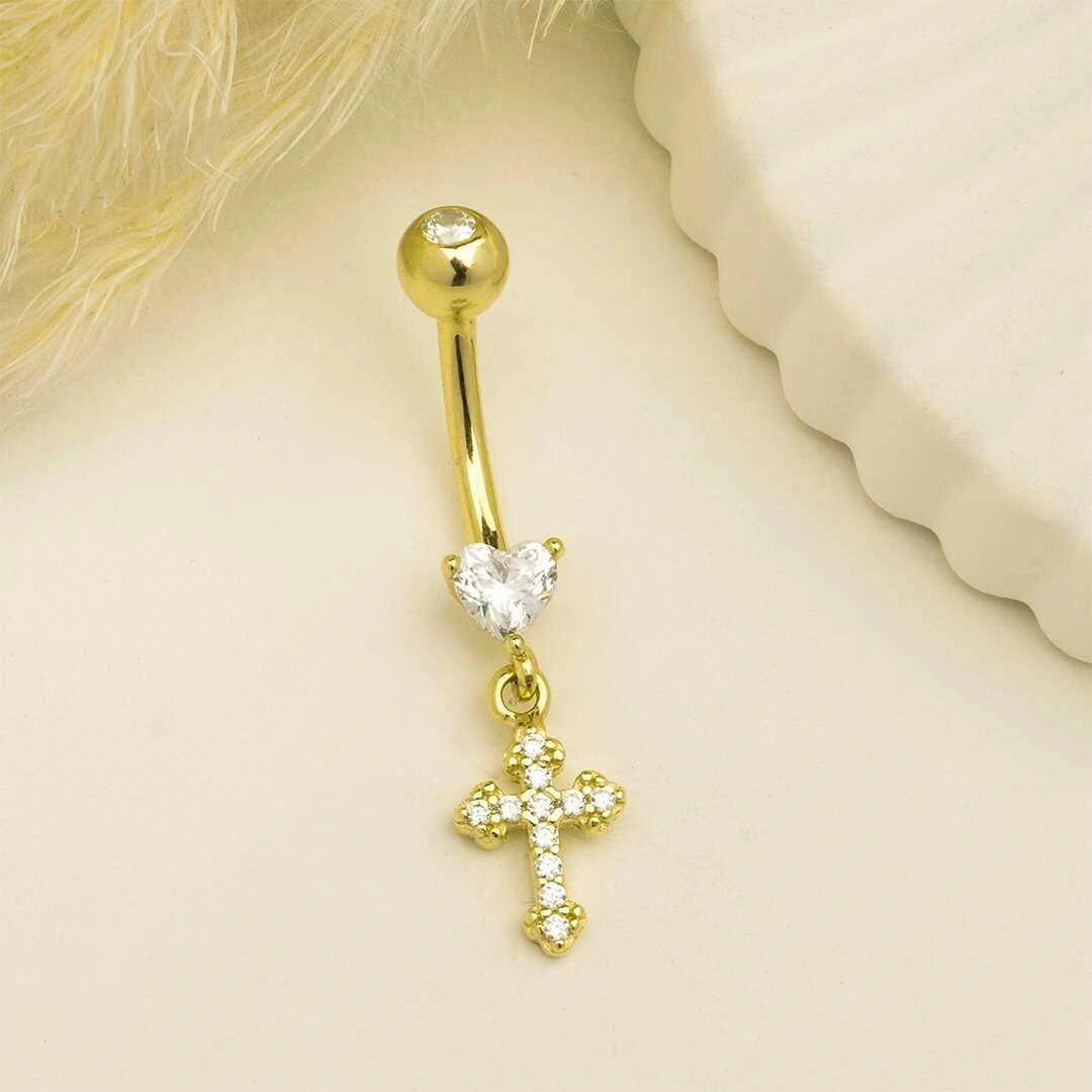 Cherry By Özkonak Kalp Taşlı Haç Sallantılı Göbek Piercing Sarı