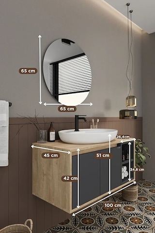 Gül 100 Cm %100 Mdf Lavabolu Banyo Dolabı Ayna Alt Dolap Lavabo Antrasit