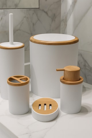 Makri Home Beyaz Bambu Desenli 5 Parça Banyo Seti Çöp Kovası, Wc Fırçalık, Sıvı Sabunluk, Diş Fırçalık,sabunluk