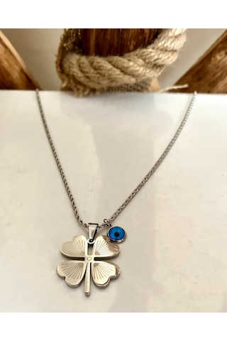 Gns Aksesuar 4 Yapraklı Yonca Nazarlık Detaylı Burgu Halat Zincir Kolye Gümüş