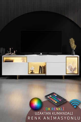 Norm Gold Demir Ayaklı Rgb Led Işık Sistemli Beyaz Tv Ünitesi Tv Sehpası Beyaz - Altın