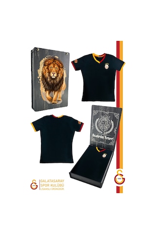 Galatasaray Lisanslı Siyah Basic Çocuk T-shirt Gs Aslan Baskılı Hediyelik Ahşap Kutulu Siyah