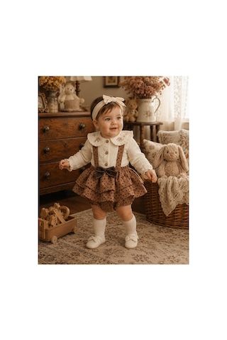 Ministok Mocha Bloom Yakası Nakış Detaylı Puantiyeli 2'li Kız Bebek Salope Kahverengi