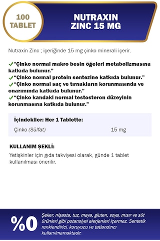 Nutraxin Zinc Sulphate 15 Mg Çinko Takviyesi 100 Tablet Ve Hücre Sağlığı İçin