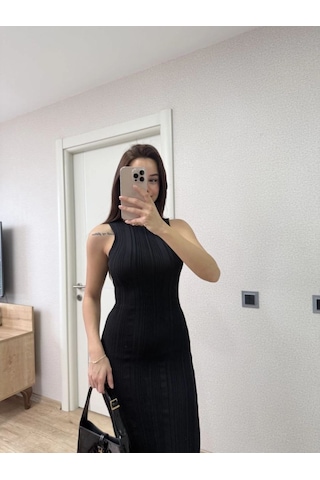 Mbb E-ticaret Kadın Fitilli Triko Elbise Kolsuz Sırtı Kapalı Maxi Uzun Boy - Siyah