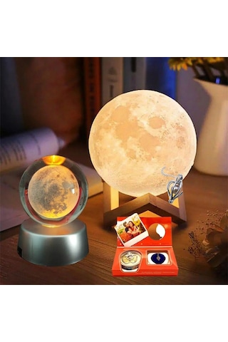 Kişiye Özel Fotoğraflı İstiridye İnci Kolye Seti - 3d Ay Lambası Ve Işıklı Cam Küre Hediye Seti