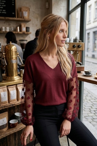 Armonika Kadın Bordo V Yaka Yarasa Kol Kolları Desenli Bluz Arm-26y001065