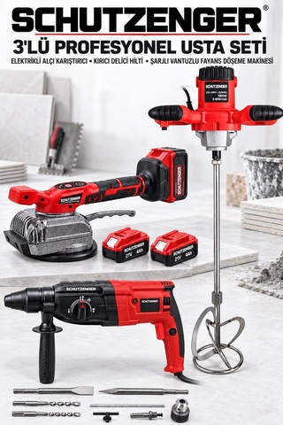 3 Lü Fayans Usta Seti Şajlı Fayans Tutma Döşeme Makinesi-elektrikli Alçı Boya Karıştırıcı-kırıcı Deliçi Hilti Kırmızı Sp