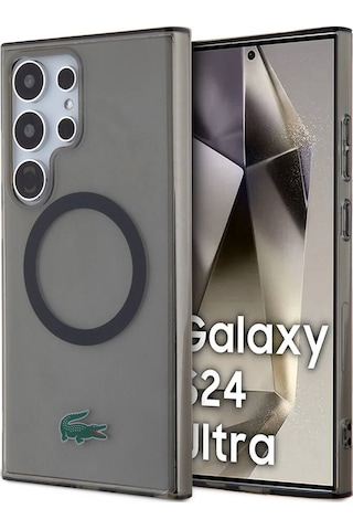 Galaxy Uyumlu S24 Ultra Kılıf Lacoste Lisanslı Magsafe Özellikli Transparan Timsah Logo Baskılı Kapak Siyah