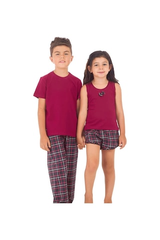 The Don Aile Bordo Ekose Desenli Kız Çocuk Şort Takımı (9-14 Yaş)
