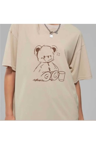 Noıssey Bej Ayıcık Baskılı Oversize Unisex Rakat Kalıp Trend