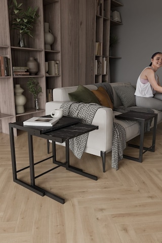 Bronte 3 Lü Zigon Sehpa, Metal Zigon Sehpa Siyah Mermer