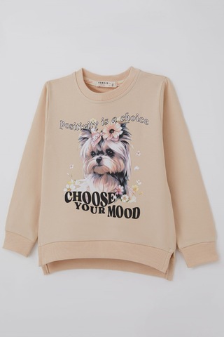Breeze Kız Çocuk Sweatshirt Sevimli Köpekçik Baskılı Fiyonklu Yazı Baskılı 3-8 Yaş , Bej