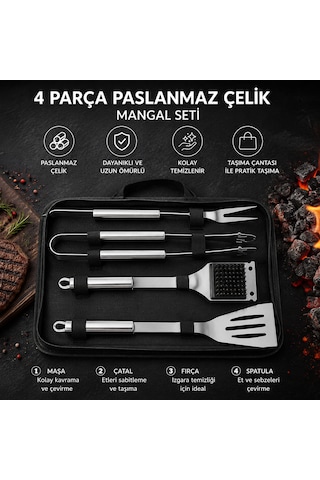 Paslanmaz Çelik Barbekü Mangal Aletleri Seti Maşa, Çatal, Spatula Ve Fırça 4 Parça Taşıma Çantalı
