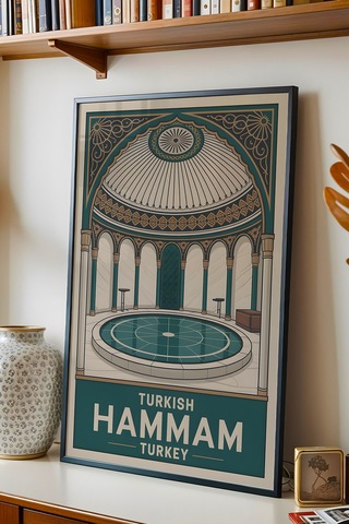 Türk Hamamı Tablo - Retro Banyo Dekoru - Geleneksel Hamam Kültürü Serisi - Çerçeveli Duvar Posteri Siyah