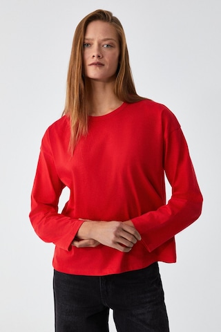 Grımelange Basıl Kadını Oversize %100 Organik Pamuk Örme Uzun Kol Kırmızı T-shirt Kırmızı