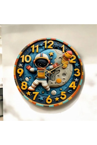 Renkli Baskı Astronot Uzay Çocuk Desenli Sayılı Hediyelik Ahşap Sessiz Duvar Saati 50cm ÇOk Renkli