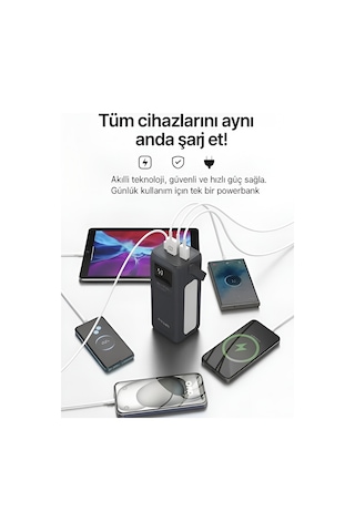 50000mah 22.5w Hızlı Şarj 4xusb 1xtype-c 1xmicro Led Işıklı Dahili Kablolu Çoklayıcı Powerbank Koyu Gri