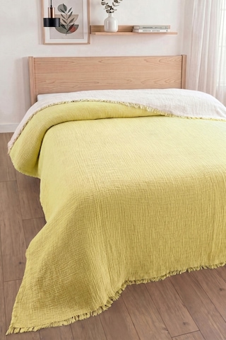 Tek Kişilik 4 Kat Müslin Yatak Örtüsü - %100 Pamuk, Çift Taraflı Müslin Pike - 170x240 Cm - Sarı