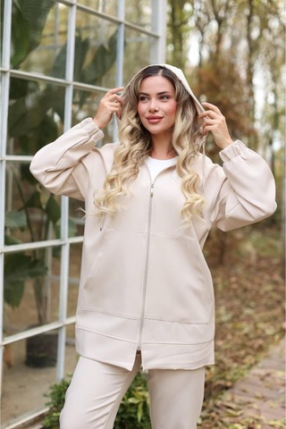 Esra Butik78 Kapüşonlu Dabıl Kumaş İkili Takım Siyah & Taş Renk Rahat Kalıp Günlük Şık Kombi Ekru