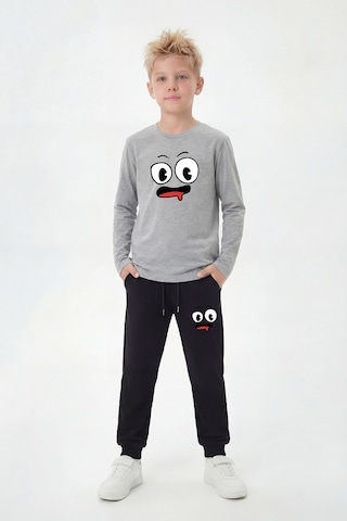 Panios Kids Yuvarlak Yaka Sweatshirt Paça Lastikli Eşofman Alt Baskılı Uzun Kollu Erkek Çocuk Alt Üst Takım Gri