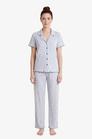 Cottonhill Gri Çiçek Desenli Pointel Gömlek Yaka Kadın Pijama Takımı Okyanus