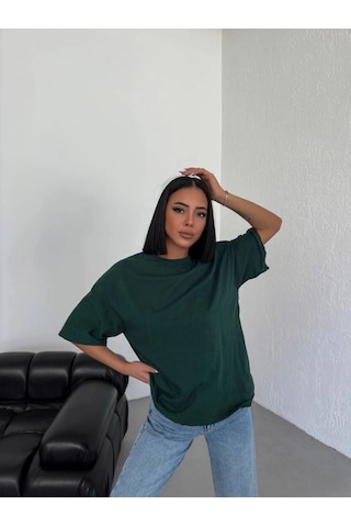 Kadın Düz T-shirt Kısa Kol Bisiklet Yaka Oversize Rahat Kalıp Günlük Tişört - Haki