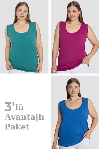 Arma Yıldız Kadın Pamuklu Büyük Beden Kalın Askılı Atlet 3'lü Paket Mavi Yeşil Mor