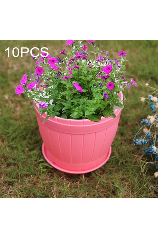 Sones 10 Adet İmitasyon Ahşap Fıçı Plastik Reçine Saksı Tepsili, Üst Çap: 19cm, Yükseklik: 16.5cm Pembe