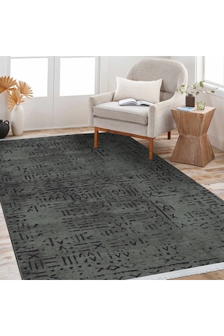 Çam Halı Crea Decolux Vena 8016 Antrasit Özel Kaymaz Tabanlı Pamuk Dokuma Kilim - 80x150
