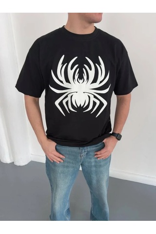Efnaz Style Erkek Örümcek Baskılı Tişört Kısa Kollu Bisiklet Yaka T-shirt - Siyah