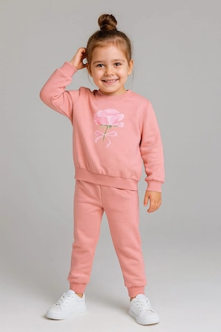 Kız Çocuk %100 Pamuk Gül Baskılı Eşofman Takımı Pudra