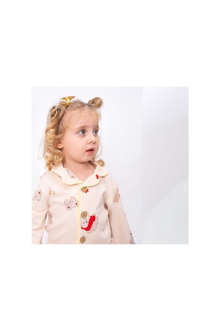 Bebegen Unisex Somon Sarı Biyeli Kırmızı Ayıcık Desenli Kruvaze Yaka Pijama Takımı Çok Renkli