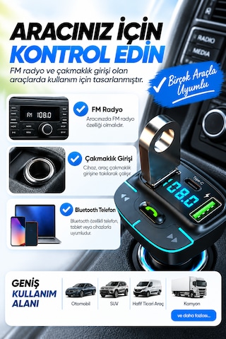 Bluetooth Fm Transmitter Araç Kiti Usb Type-c Hızlı Şarj Hd Mikrofon