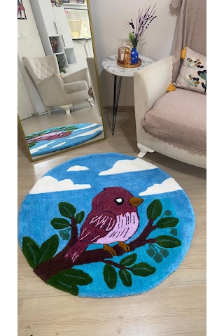 El Yapımı Tufting Kuş Temalı Yuvarlak Halı / Paspas Açık Mavi