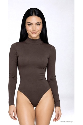 Cottonhıll Premium - Drape Collection Kahverengi Viskon Balıkçı Yaka Uzun Kollu Çıtçıtlı Kadın Bodysuit