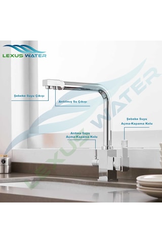 Lexus Water Su Arıtma Cihazları İçin 3 Yollu Kare Arıtmalı Musluğu Krom