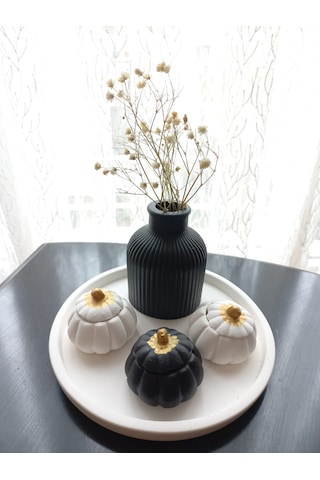 Tabakta 3'lü Mini Balkabağı Vazo Dekoratif Beyaz Siyah Set 03