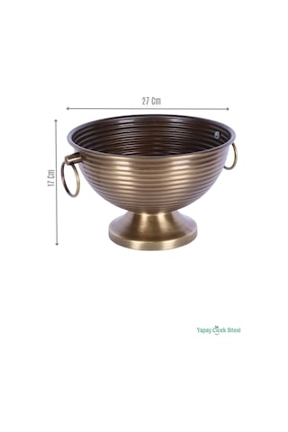 Yapay Çiçek Sitesi Metal Çizgili Küpeli Vazo 17 Cm Bronz