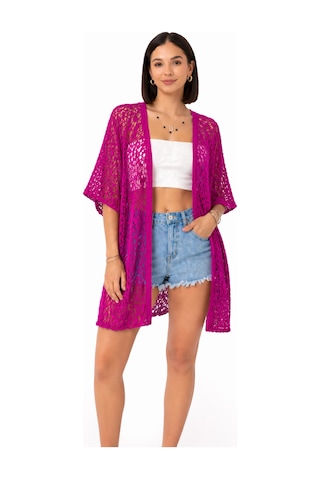 Trend Alisse Kadın Dantel Görünümlü File Kimono Pareo Hırka Fuşya