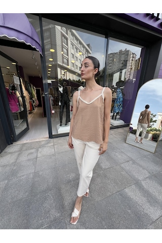 Keten Salaş Askılı Bluz- Kahve Rengi-166 Kahve Rengi