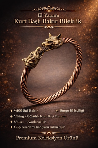 Viking Kurt Başlı Bakır Bileklik Güç, Cesaret Ve Sadakati Sembolize Eden Erkek Bakır Bileklik Diğer