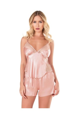 Modenya Koyu Pudra Saten Babydoll Şort Takımı Pudra