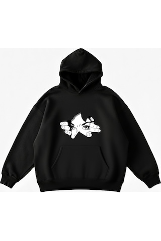 Maki Home Makiteks Siyah Pamuklu Unisex Cepli Kapüşonlu Rahat Kesim Fit Body Baskılı Sweatshirt SiYAH